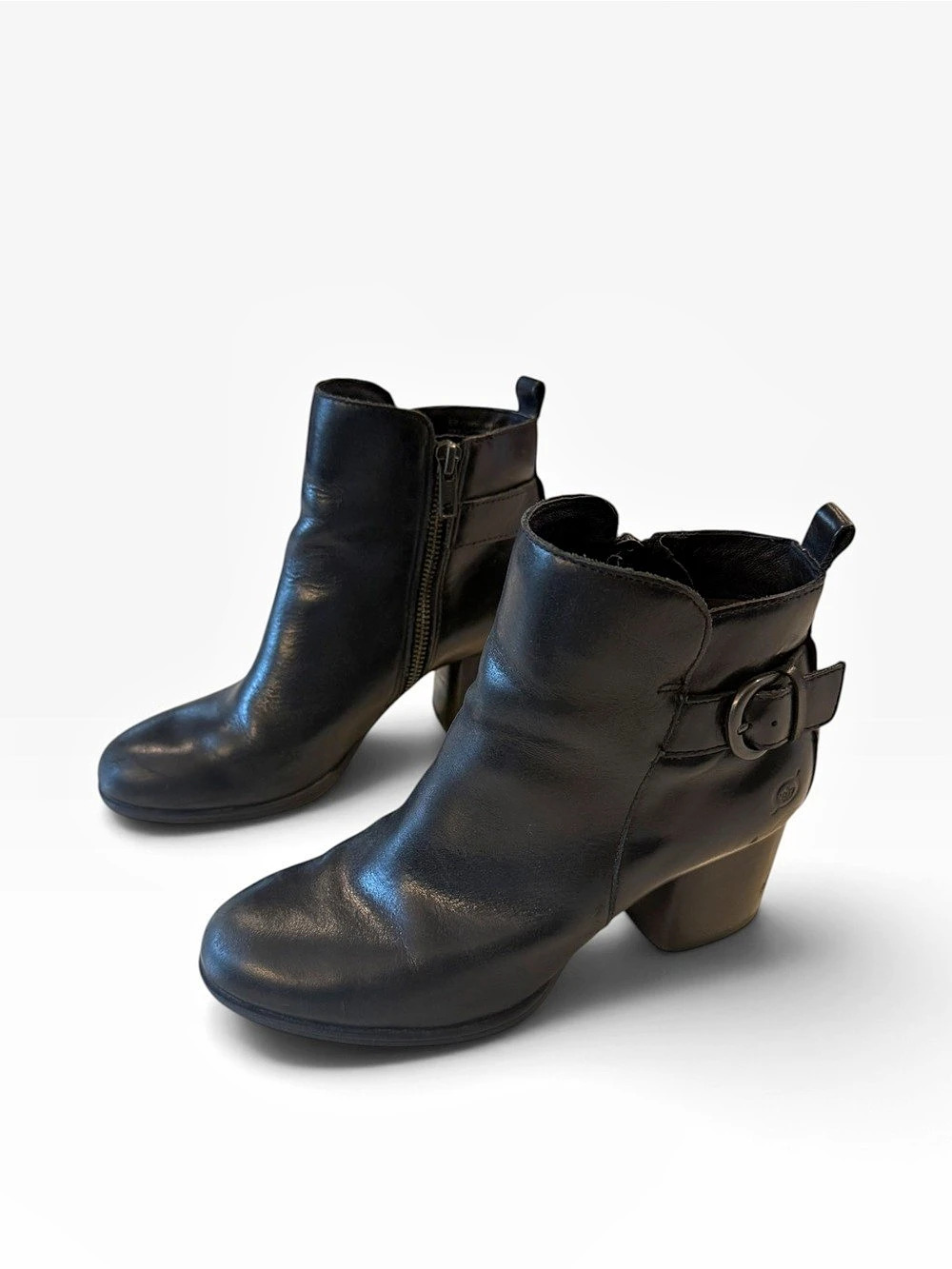 Børn Black Leather Buckle Ankle Boots Women’s Size 6M Block Heel Booties